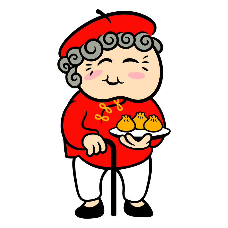 Mama Fuji, a smiling grandma in a red jacket holding a plate of dumplings