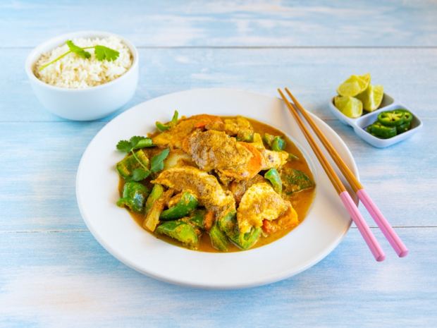 Thai yellow curry with vegetables over rice